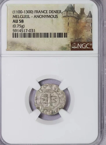 NGC AU58 France, Melgueil Anonymous AR Denier 1100-1300