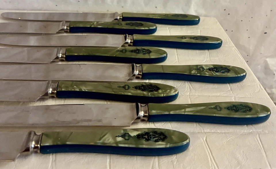 8 Rare Bird Of Paradise Knives Jewel Emerald Green Blue Handle Bakelite? - Image 2 of 4