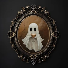 Cute ghost hugs black cat print, digital Halloween cottagecore decor, ghost art