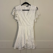 SHEIN White Lace Ruffle Wrap Dress Tie Flutter Short Sleeve Casual Sz M