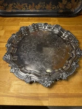 Antique Victorian Silverplate Salver 15” Ornate Scalloped Rim Heavy Tray