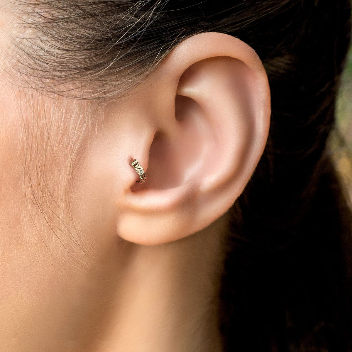 14K Yellow Gold Diamond Chain Tragus Earring with Clicker Closure Tragus Jewelry