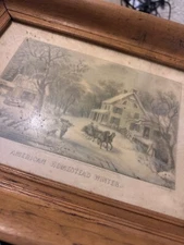 Antique 1869 Wood Framed Currier and Ives. American Homestead Winter litho 