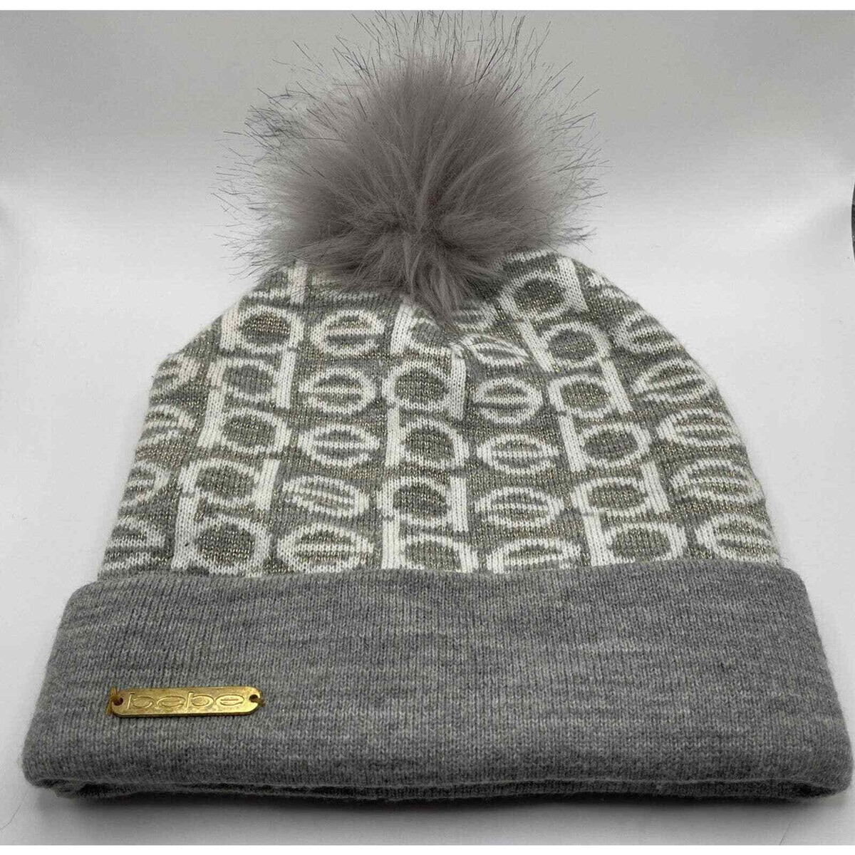 BEBE ‎ Hat  Gray/White with Logo Beanie Pom Ski One Size Ski Bum- Newborn Ski Bum White Hat - Newborn Skiing Hat  main image 3