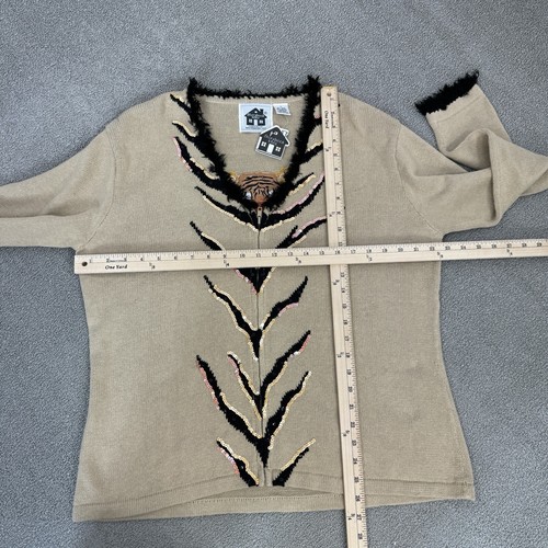 Storybook Knits Sweater Large Tan Tiger Cardigan Sequin Embroidered Fringe Hem - Picture 12 of 13