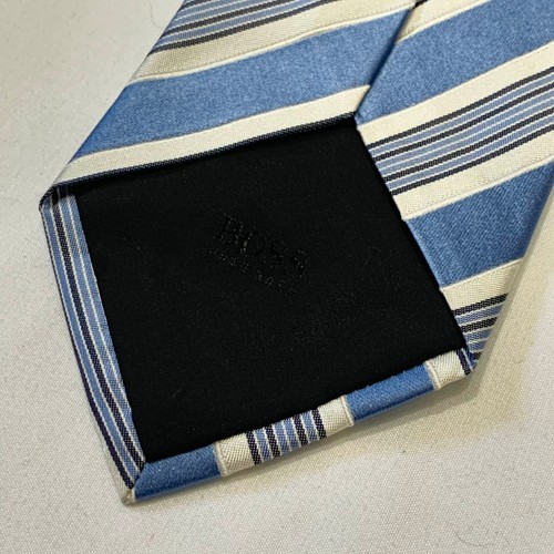VTG 90s Hugo Boss 100% Silk Repp Tie Made In Italy Striped Embossed Logo On Tip - Picture 4 of 6