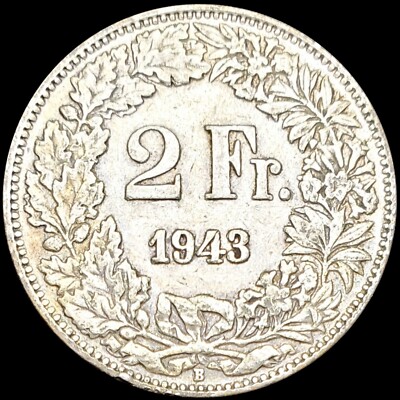 1943 B Switzerland 2 Francs .835 Silver Coin Helvetia Standing