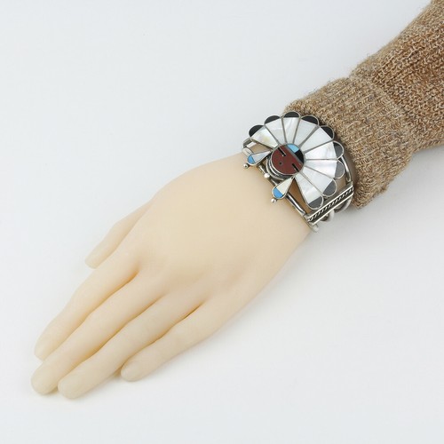 Vintage Edward Leuro Zuni Sterling Silver, MOP Womens Sun Face Cuff Bracelet - Picture 2 of 4