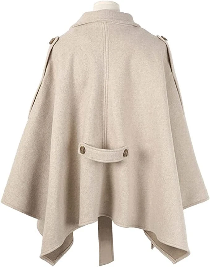 Para Mujer Elegante Cuello Solapa Mezcla Lana Pajarita Poncho Capa Chaqueta con Cinturón Foto 4 de 4