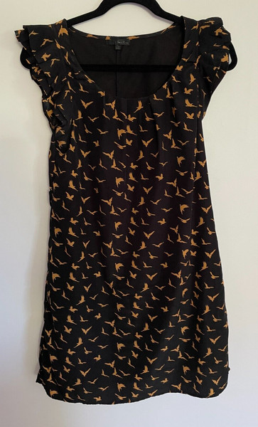 Bird Print A-Line Mini Dress by Corro Corro Size 10 Ruffle Trim on Sleeve Lined