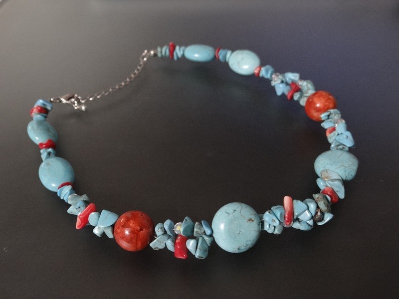 chunky Southwest Style faux Turquoise Coral Bead Necklace wear 14"-16"