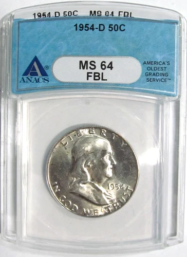 1954-D FRANKLIN Silver Half Dollar ANACS MS 64 FBL