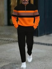 Men's Full Zip Contrast Striped Tracksuit - Long Sleeve Quarter Zip Pullover