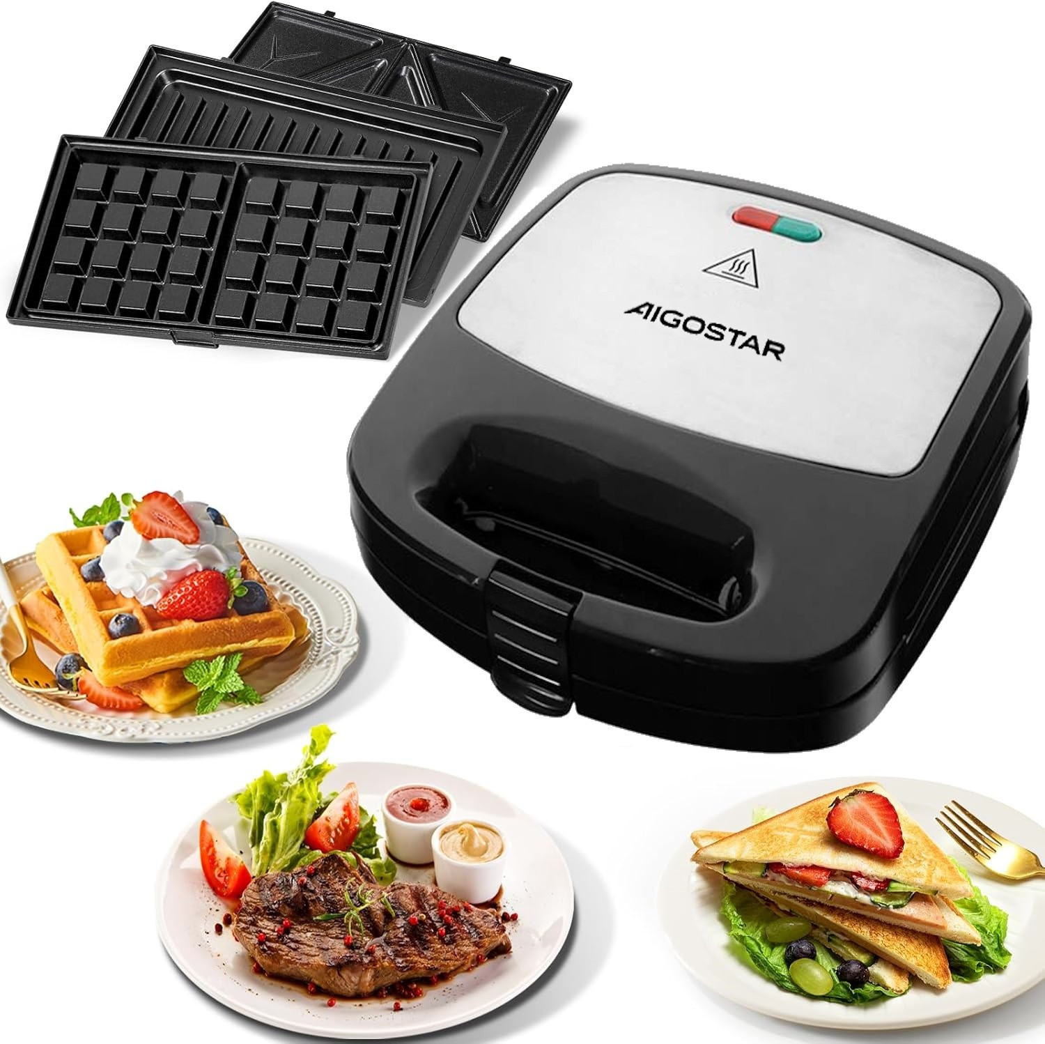 AIGOSTAR SANDWICH 3 IN 1 MAKER GRILL WAFFLE REMOVABLE NONSTICK PLATES 800W