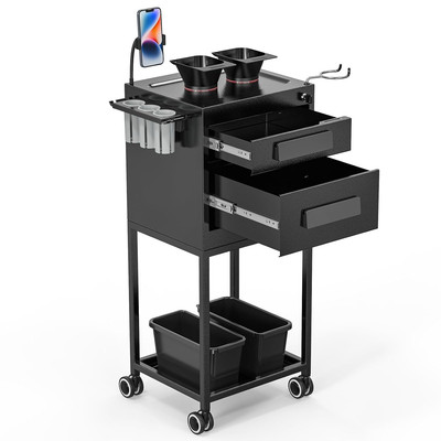 Metal Salon Trolley Cart, Hair Stylist Station with 2 Lockable Drawers / Wheels
