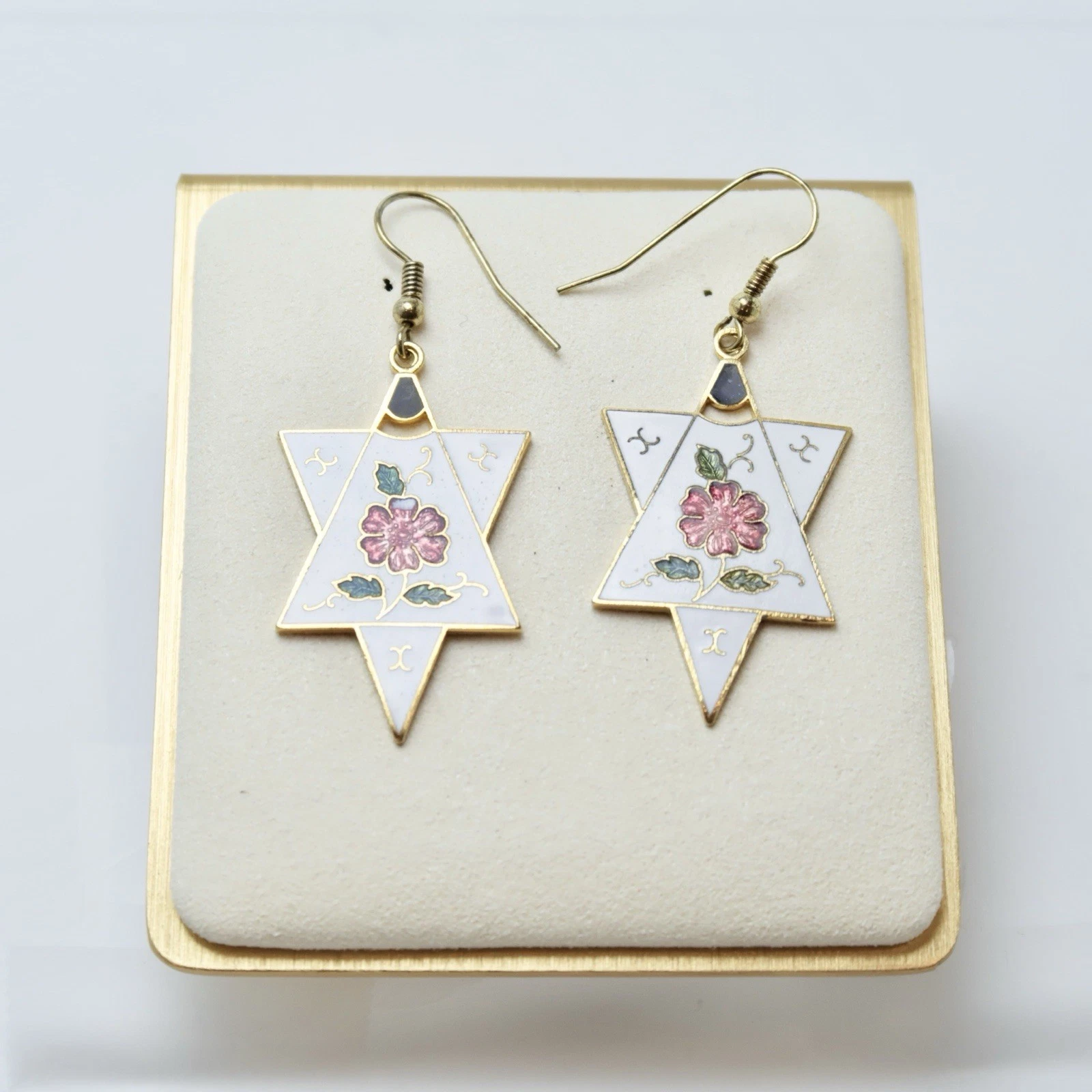 Cloisonné Enamel Floral Star Design Vintage Dangle Earring Jewelry E07