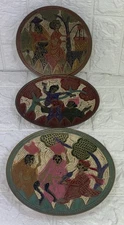 3 Vintage India Hand Painted Etched Brass Plates Wall Deco, Trinket Dish 5 1/4”
