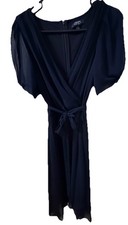 NWT CHAPS Woman’s Navy Puff Sleeve Belted Midi Fit & Flare V-Neck Dress Size 6