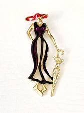 Lady Brooch Red Hat Society Woman with Umbrella Red Purple Enamel Gold Tone 3"