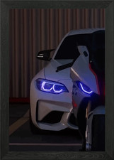 Car and Motorcycle with Blue Lights Framed Wall Art Poster Canvas Print Picture