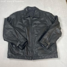 Roundtree  Yorke Men's Black Genuine Leather Full Zip Jacket Point Collar Sz L