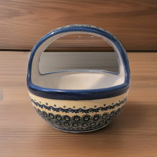 Boleslawiec Hand Painted Ceramic Decorative Basket Blue Oval Art Pottery Poland