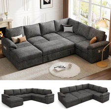 108 Inch Sectional Sleeper Sofa with Pull Out Bed, U Shaped 7 Seat Modular Secti
