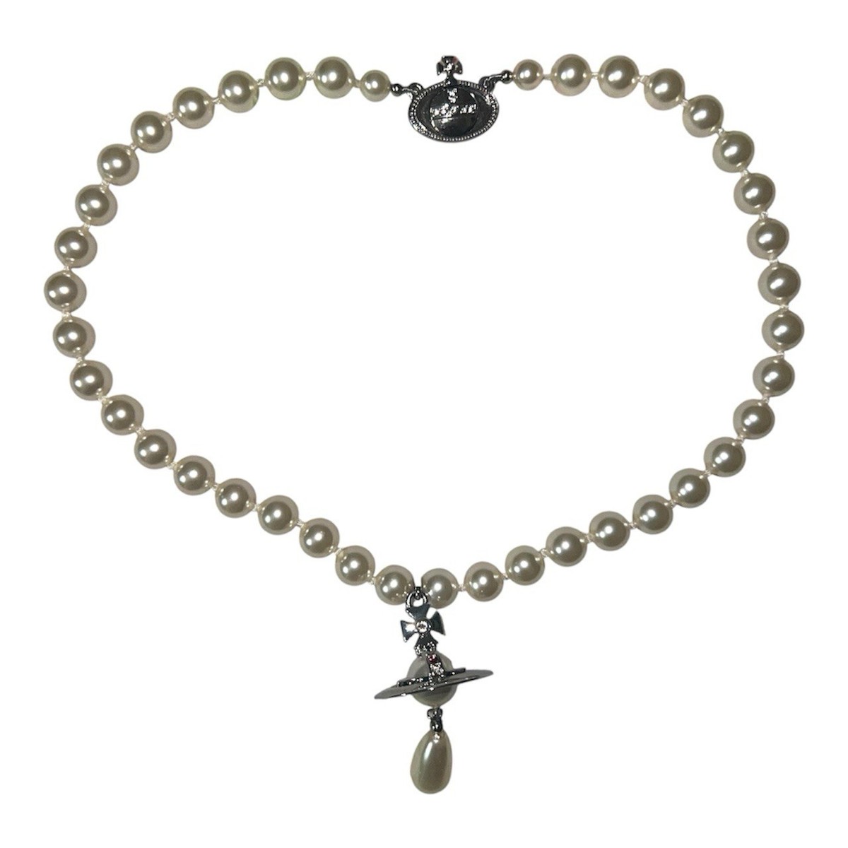 Vivienne Westwood One Row Pearl Drop Choker. Silver Saturn orb