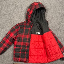 The North Face Reversible Puffer Jacket Boys S Red Black Plaid Hooded Insulated