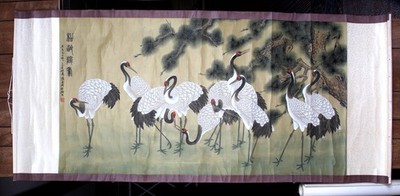 Vintage Chinese Cranes Hanging Scroll (9 Cranes) 768 x 32.5''  Makers Mark