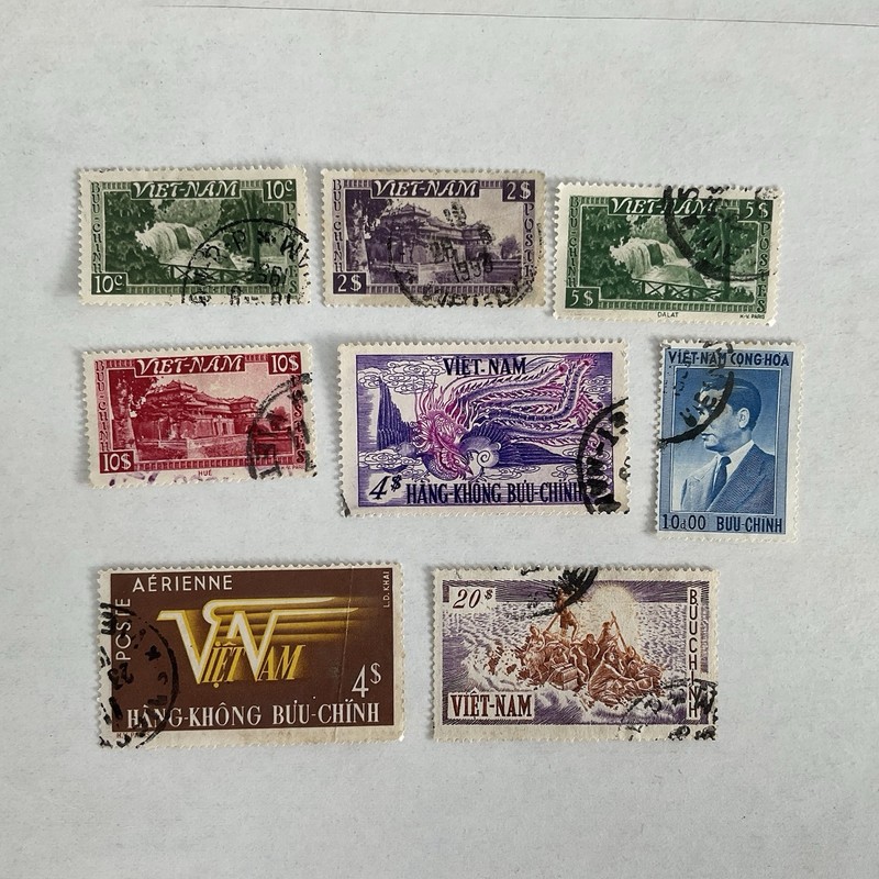 8 Vietnam stamps~1951-56~refugees on raft~phoenix~palace~President Ngo Dinh Diem