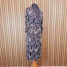 Hobbs Midi Wrap Dress UK 10 Brown Floral Stretch Collared Long Sleeve Vintage