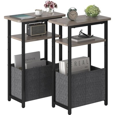 Narrow Side Table Set of 2, Skinny End Tables with Fabric Basket, Small Side ...