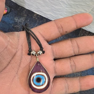 Handmade Teardrop Pendant Necklace Evil Eye Spiral Design Adjustable Cord Resin