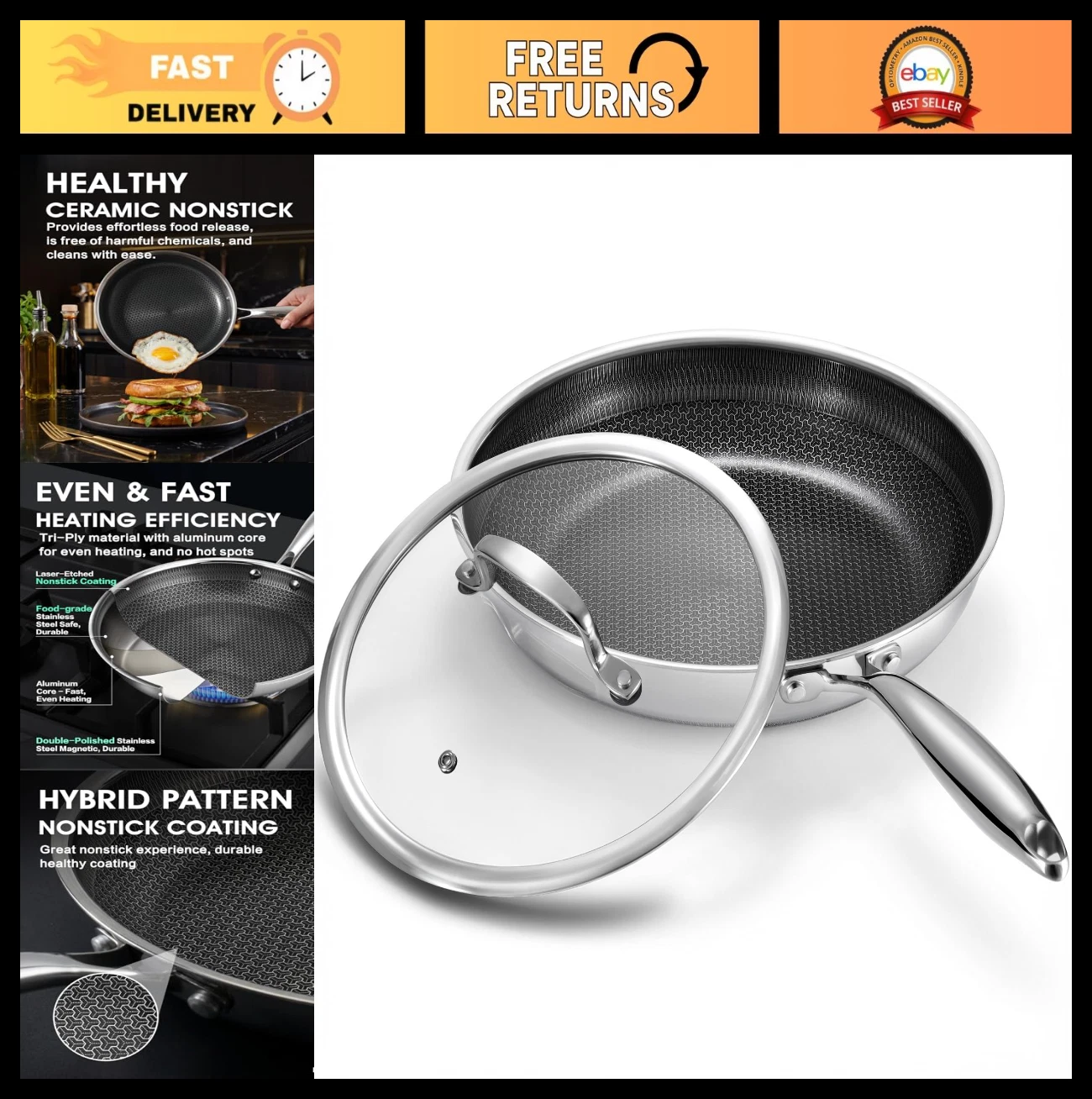 10" Non-Stick Frying Pan with Lid, Hybrid Stainless Steel Skillet, PFOA Free, Ov