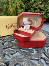 Wolf Designs Small Red Leather Jewelry Box 4.5”x 3.5”x 3”