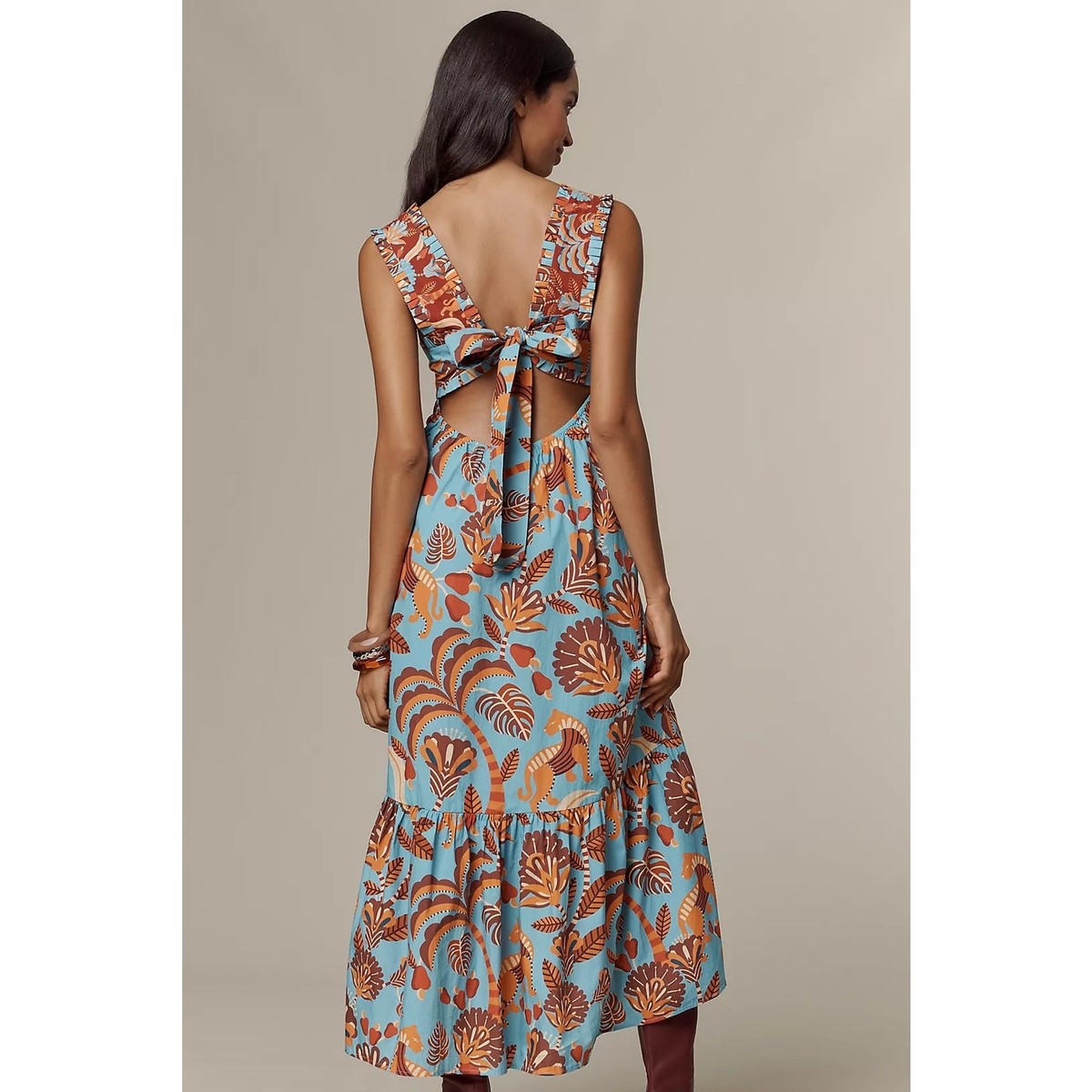 NWT Farm Rio x Anthropologie Square-Neck Midi Dress $285 X-LARGE Blue View 3