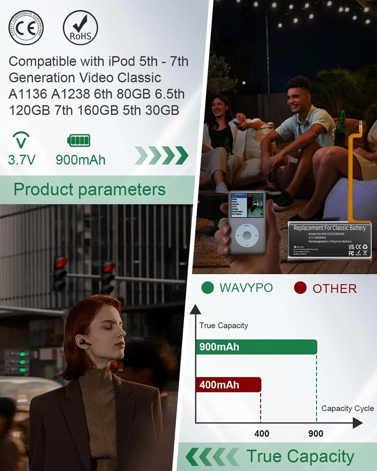 900mAh para iPod 5º 7º Batería Clásica Alta Capacidad 616 0232 Batería Foto 2 de 4