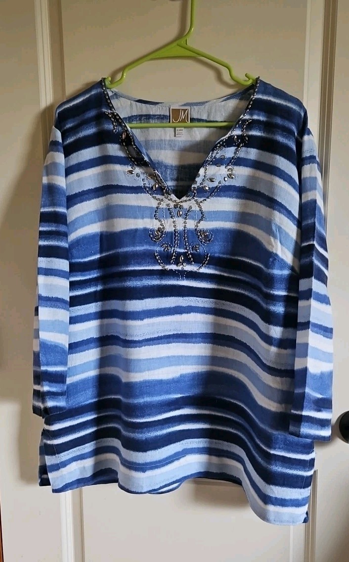 JM Collection Beaded Tunic Blue & White Striped Linen V-Neck Shirt Women's XL
