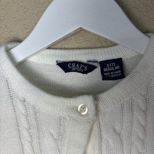 Vintage Chaps Girls Small 7 Cardigan Sweater Cable Knit White Preppy Button - Picture 2 of 7