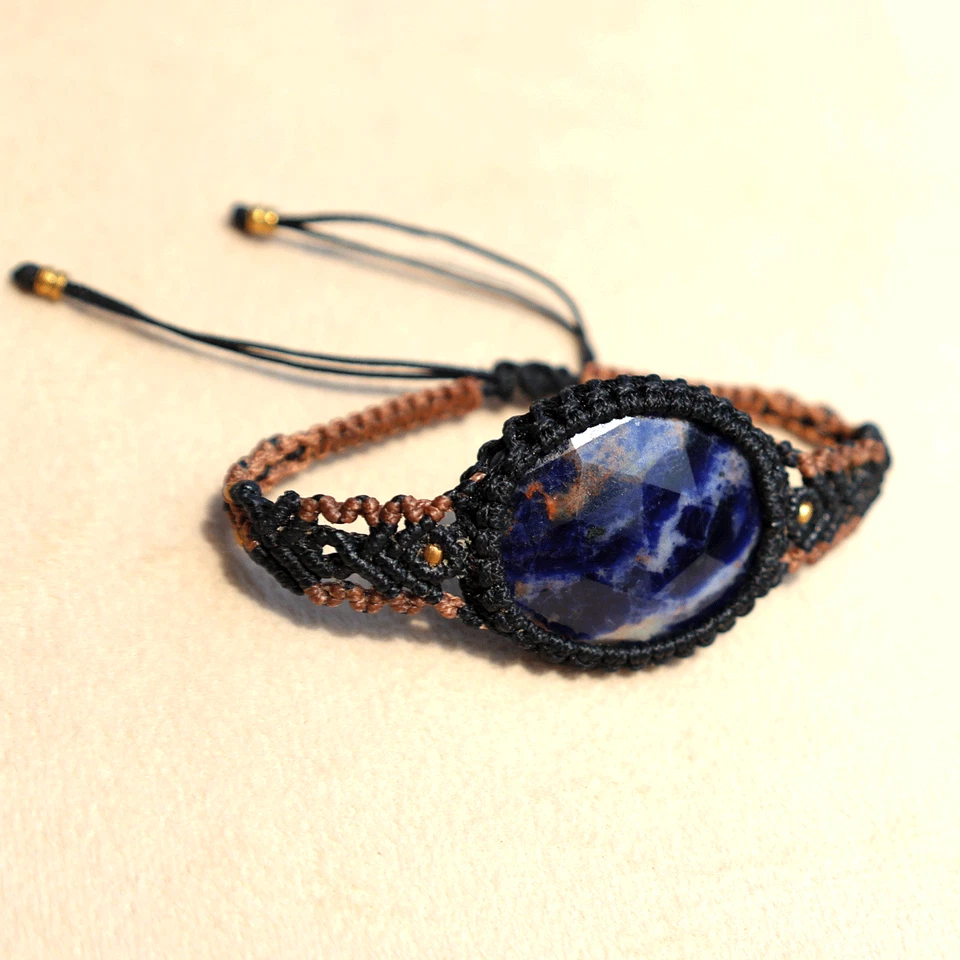 Hand Crafted Natural Faceted Sodalite Micro Macrame Cuff Reiki Gemstone Bracelet - Image 4 of 4