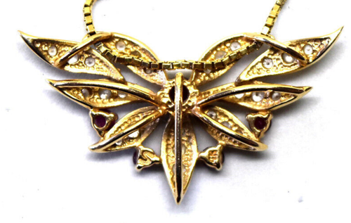 14K Yellow Gold, Natural Diamond, Ruby Floral Necklace - Picture 2 of 5