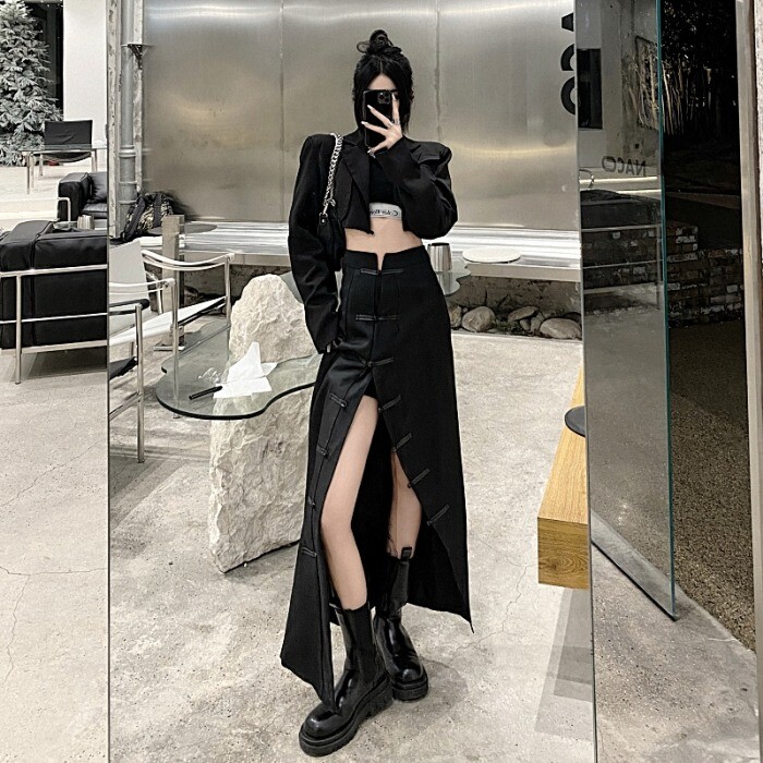 Japanese women streetwear high waist split skirt Gothic long