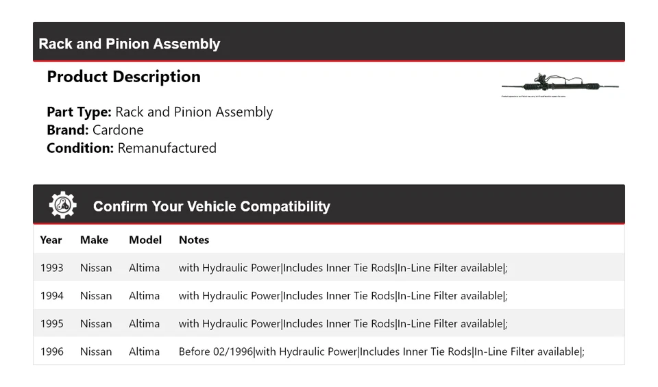 Montaje de piñón y cremallera para Nissan Altima 1993-1996 Cardone 1994 1995 Foto 2 de 4