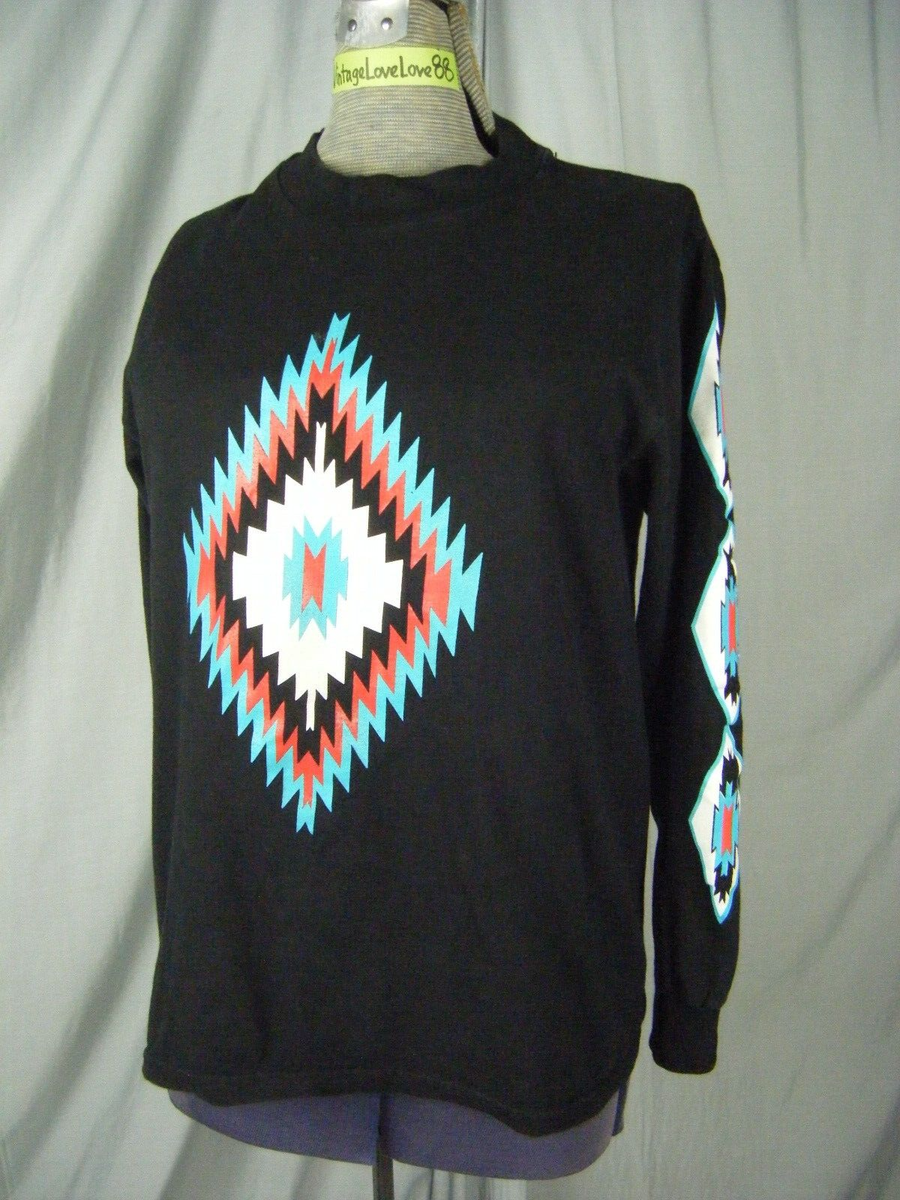 ORTEGA'S CHIMAYO Vtg 90s Black Print Long Sleeve T Shirt-Bust 37