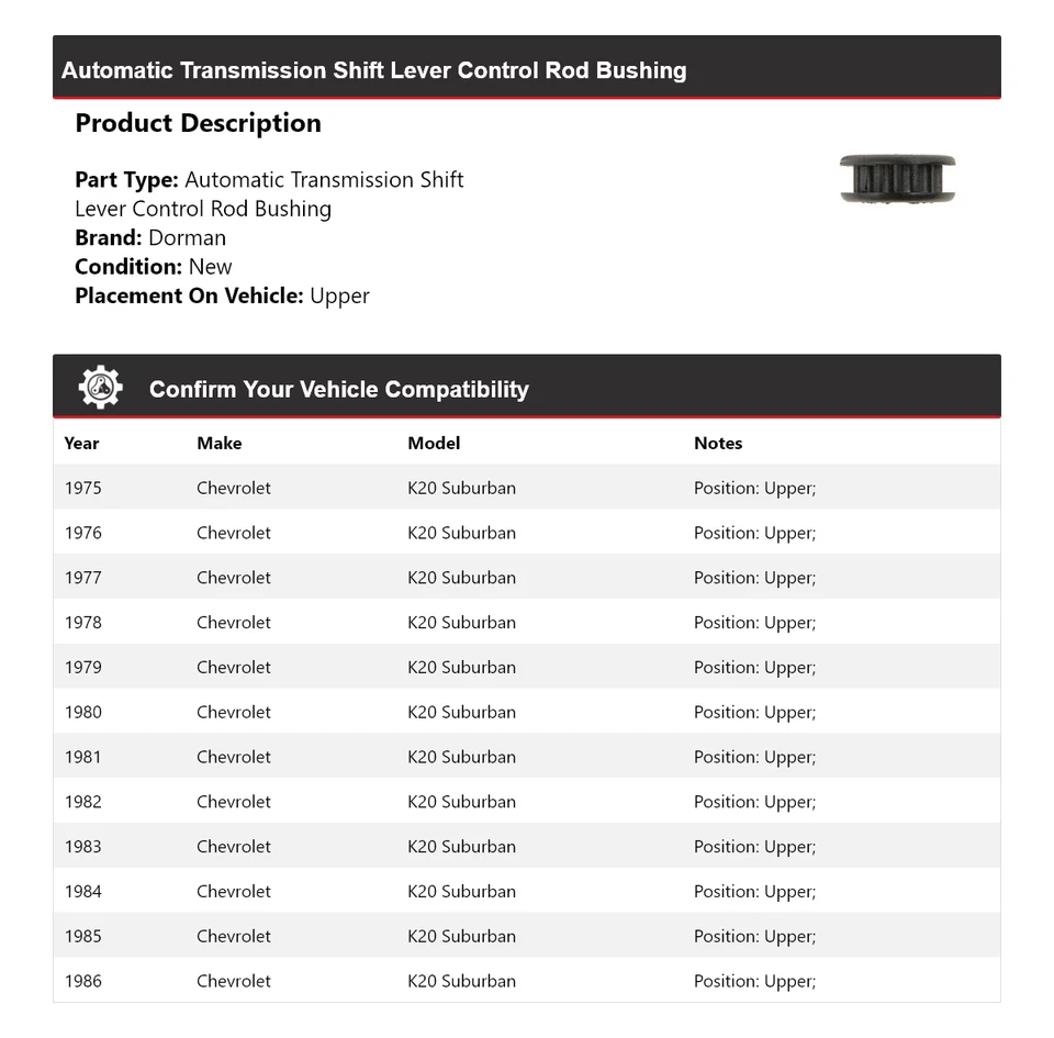适用于 1975 - 1986 雪佛兰 K20 Suburban Dorman AT Shift 杠杆控制杆衬套 — 第 2/4 张图片