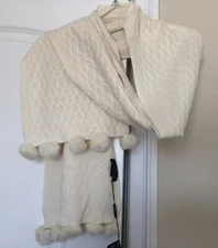 NWT ALASHAN LUXE CASHMERE 100% Cashmere Scarf With Pompon Detail Ivory 10”x70”