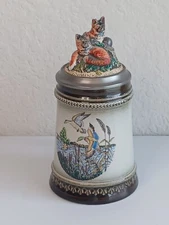 GERZIT GERZ Germany Foxes & Ducks Decorative Ceramic Stein with Figural Lid 8"