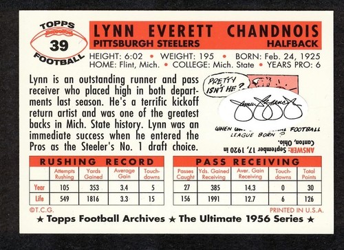 LYNN CHANDNOIS {1925-2011} Signed TOPPS FOOTBALL ARCHIVES Steelers Card 1956 JSA - Picture 2 of 2