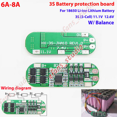3S 11.1V 8A BMS Protection Board With Balance – For Li-ion, LiPo, 18650 Battery Packs – 3 Cell Management